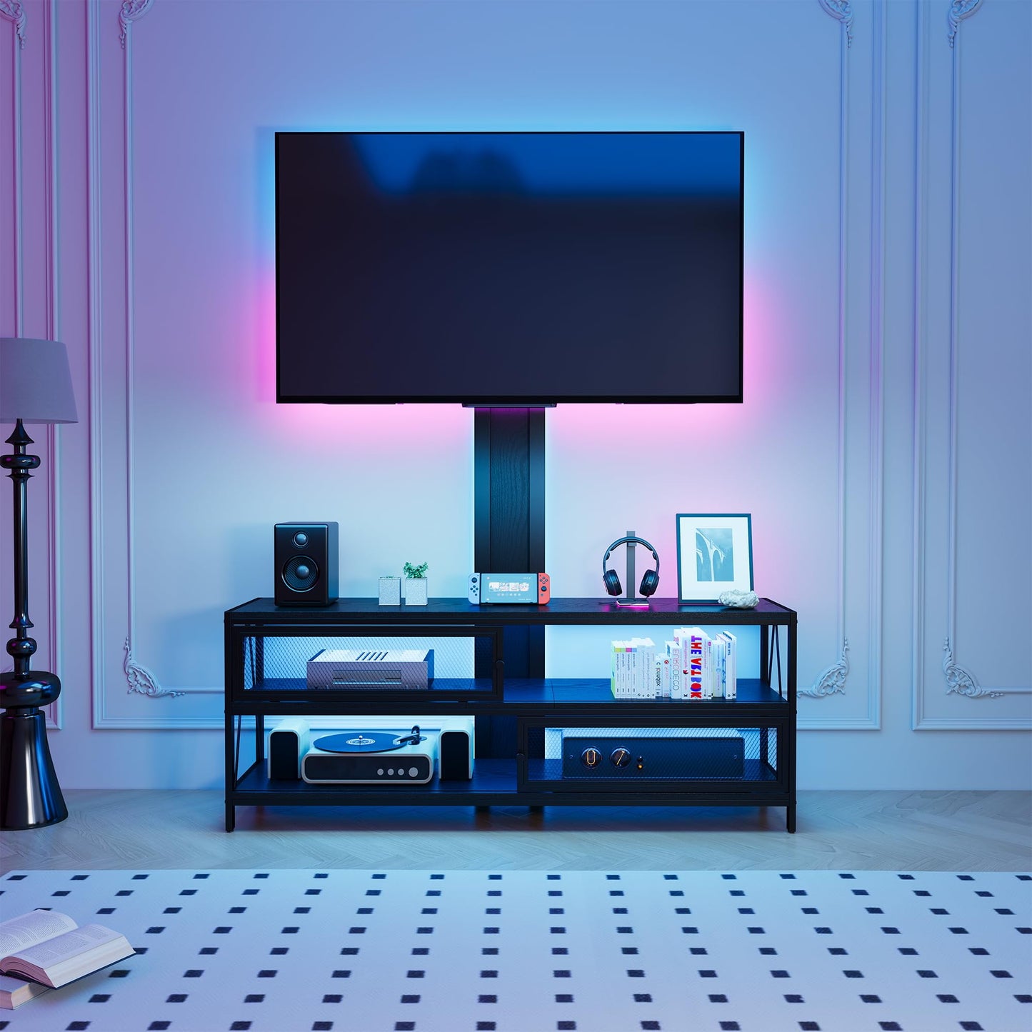 CozyHome TV Stand with Mount and LED Light, Swivel Entertainment Center for TVs 32-65 Inches, 3-Tier Gaming Media Console Tablefor Living Room, Bedroom, Office, Black