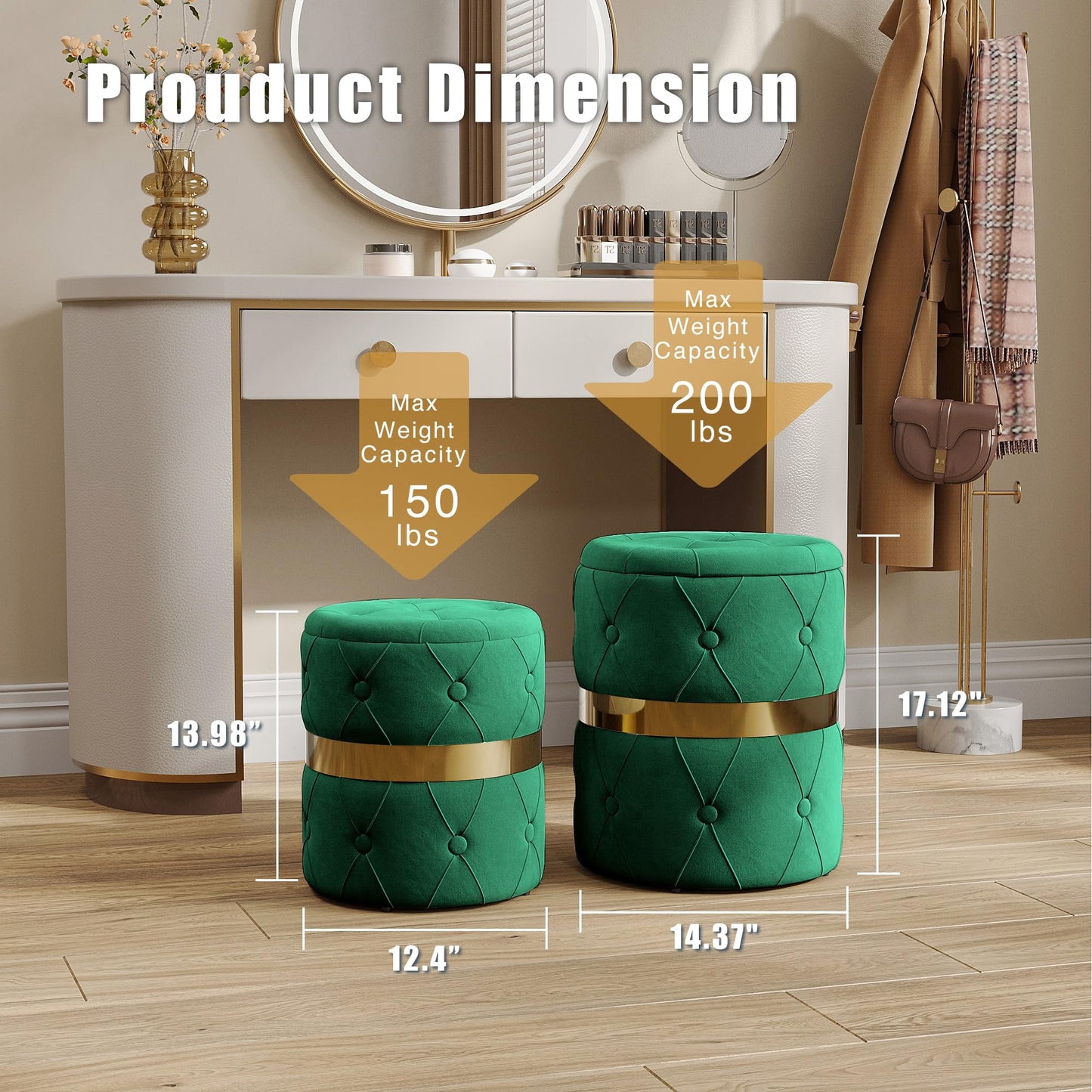 CozyHome Storage Ottoman Set of 2, Versatile Footrest Stool with Stainless Steel Base, Modern Round Vanity Stool Chair Foot Stools, Support 200lbs Padded Seat, for Living Room, Bedroom, Green