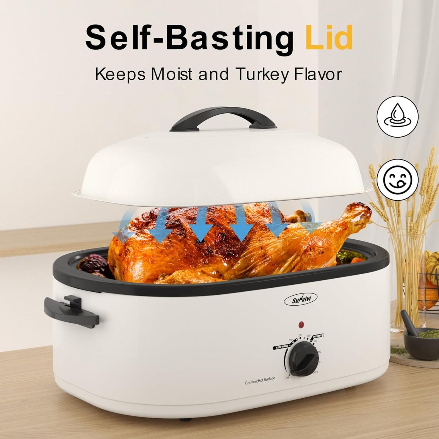 Superjoe 20 Quart Electric Roaster Oven with Self-basting Lid, Turkey Roaster Oven with Removable Pan and Rack, White