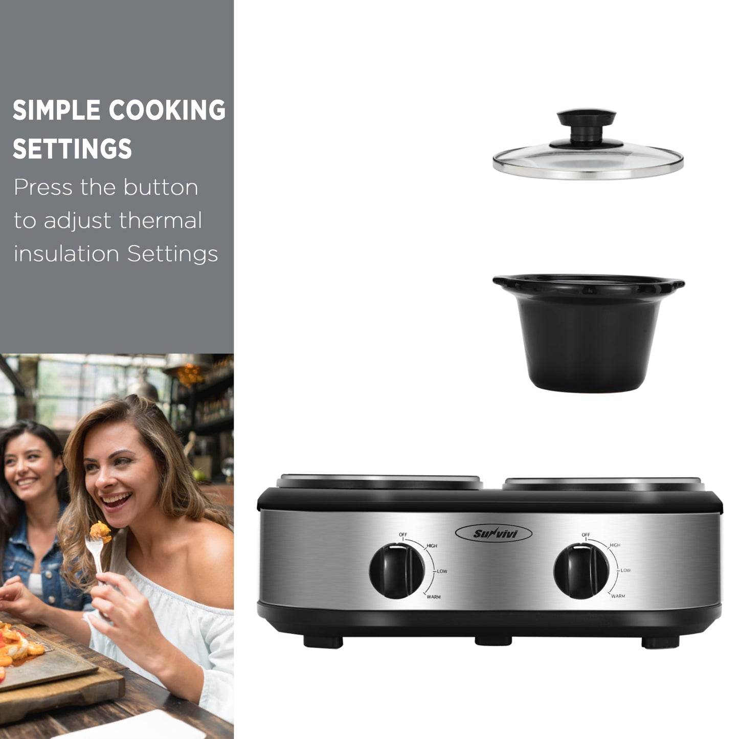 Triple Slow Cooker with 3 Spoons, 3 Pot 1.5 Quart Oval Crock Food Warmer Buffet Server, Stainless Steel