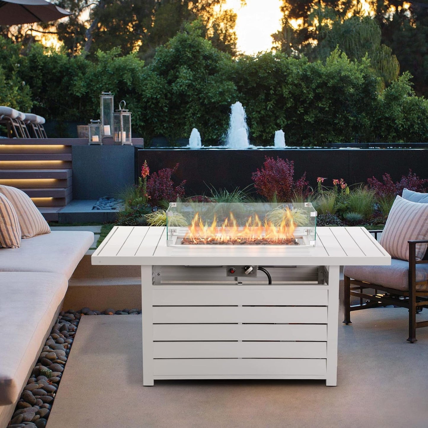 Superjoe 54.3" Patio Aluminum Fire Pit Table, 50000 BTU CSA Certified Propane Gas Outdoor Fire Table, Rectangular Fire Table w/Stainless Burner, Lava Rock, Waterproof Cover, White