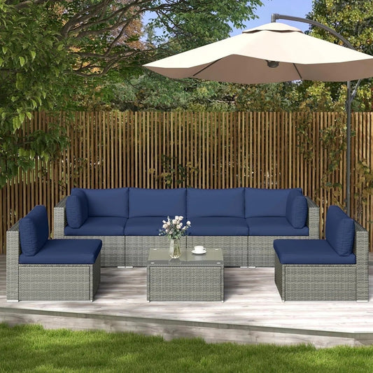 sunvivicollection Outdoor Patio Furniture Set, 7 Pieces Outdoor Wicker Sectional Sofa with Waterproof Cover, Blue Cushions with Strip and Zippers, Brown