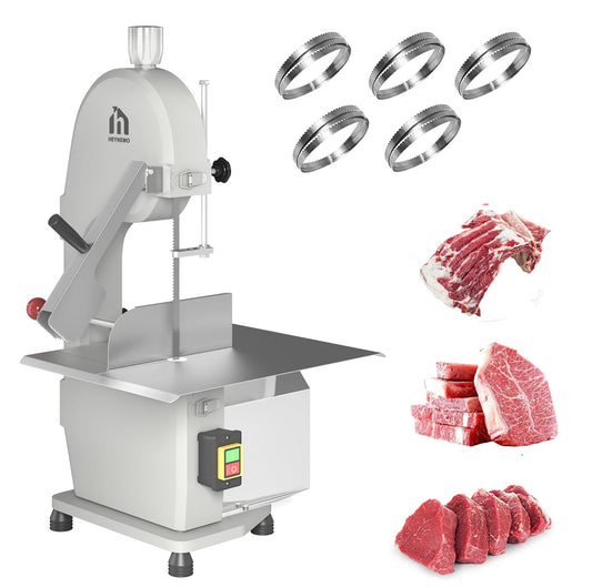 CozyHome 1500W Electric Bone Saw Machine, 0-8 Inch Cutting Thickness, Frozen Meat Cutter, Home Commercial Bandsaw Machine for Chicken Fish Trotter Beef Spareribs, Equipped with 5 Saw Blades