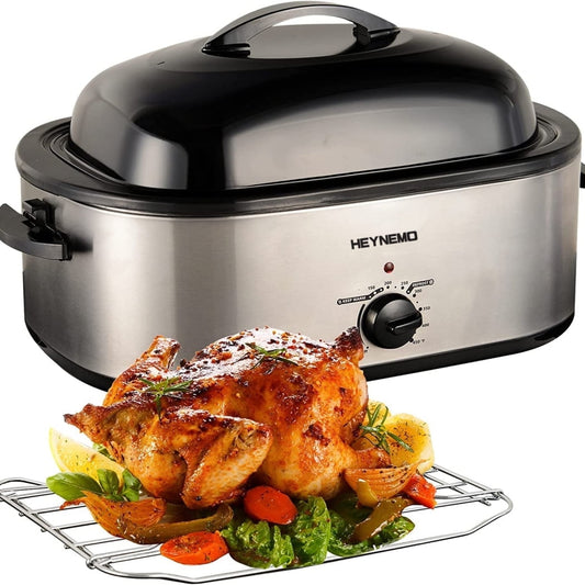 CozyHome 20 QT Electric Roaster Oven Turkey Roaster Pan, Stainless Steel Self-Basting Lid Removable Insert Pot, Silver