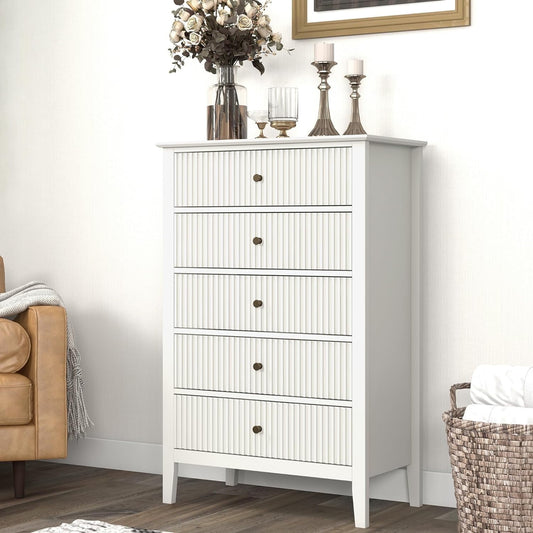 CozyHome 5 Drawers Tall White Dresser Cabinet, Wood Storage Cabinet Organizer for Living Room, Nursery, Hallway, Entryway, White