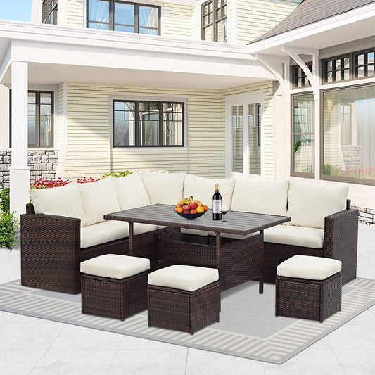 CozyHom 7 Pcs Outdoor Patio PE Wicker Sectional Dining Sofa Furniture Set, Rattan Sectional Conversation Furniture Set With Dining Table, Beige