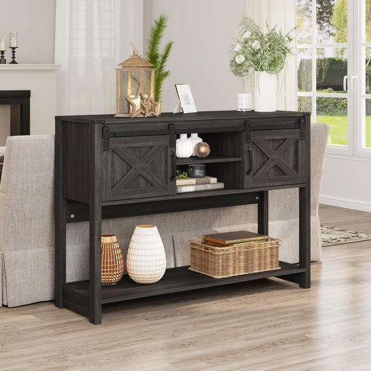 CozyHom Console Table With Storages&Shelves, Farmhouse Side Entryway Table With Sliding Barn Doors, Gray