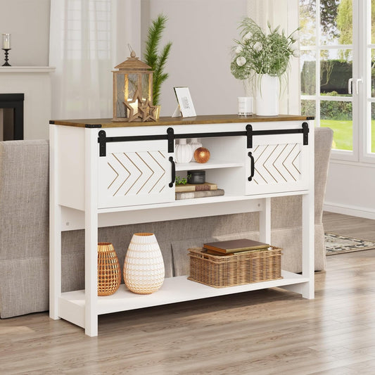 CozyHom Console Table With Storages&Shelves, Side Entryway Table With Sliding Barn Doors for Office, Bedroom, White-Brown