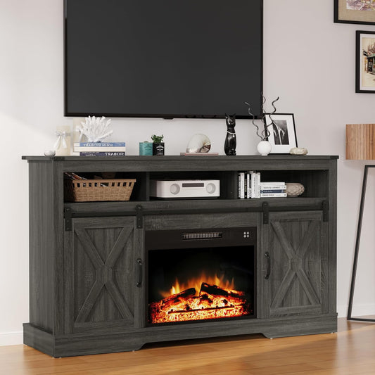 CozyHom Electric Fireplace TV Stand for 65+ Inch TV, Farmhouse Entertainment Center with 23" Electric Fireplace with Remote, Modern Rustic TV Console with Sliding Bar Door for Living Room, Gray