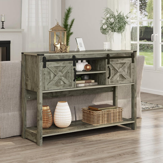CozyHom Farmhouse Console Table with Storages&Shelves, Side Entryway Table With Sliding Barn Doors, Light Gray