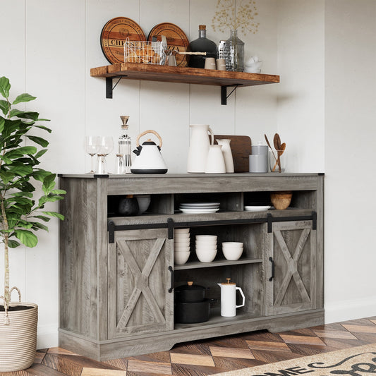 CozyHom Farmhouse TV Stand Coffee Bar Cabinet With Storage, Sliding Doors Cabinet TV Storage Cabinet Sideboard, Gray