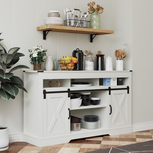 CozyHom Farmhouse  TV Stand Coffee Bar Cabinet With Storage, Sliding Doors Cabinet TV Storage Cabinet Sideboard, Pure White