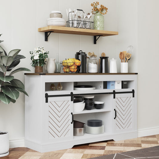 CozyHom Farmhouse TV Stand Coffee Bar Cabinet With Storage, Sliding Doors TV Storage Cabinet Sideboard, White