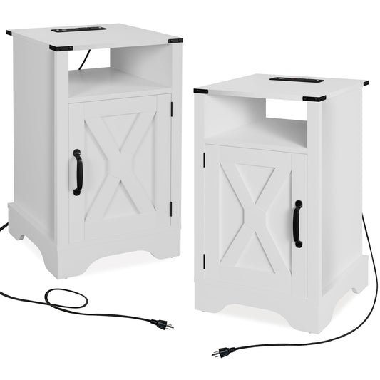 CozyHom Modern Farmhouse USB Nightstand Set of 2 With Storage Cabinet, End Side Table With Charging Station For Bedroom, White