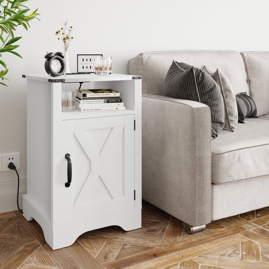 CozyHom Modern Farmhouse USB Nightstand With Charging Station, End Side Table With Charging Station&Storage Cabinet For Bedroom, White