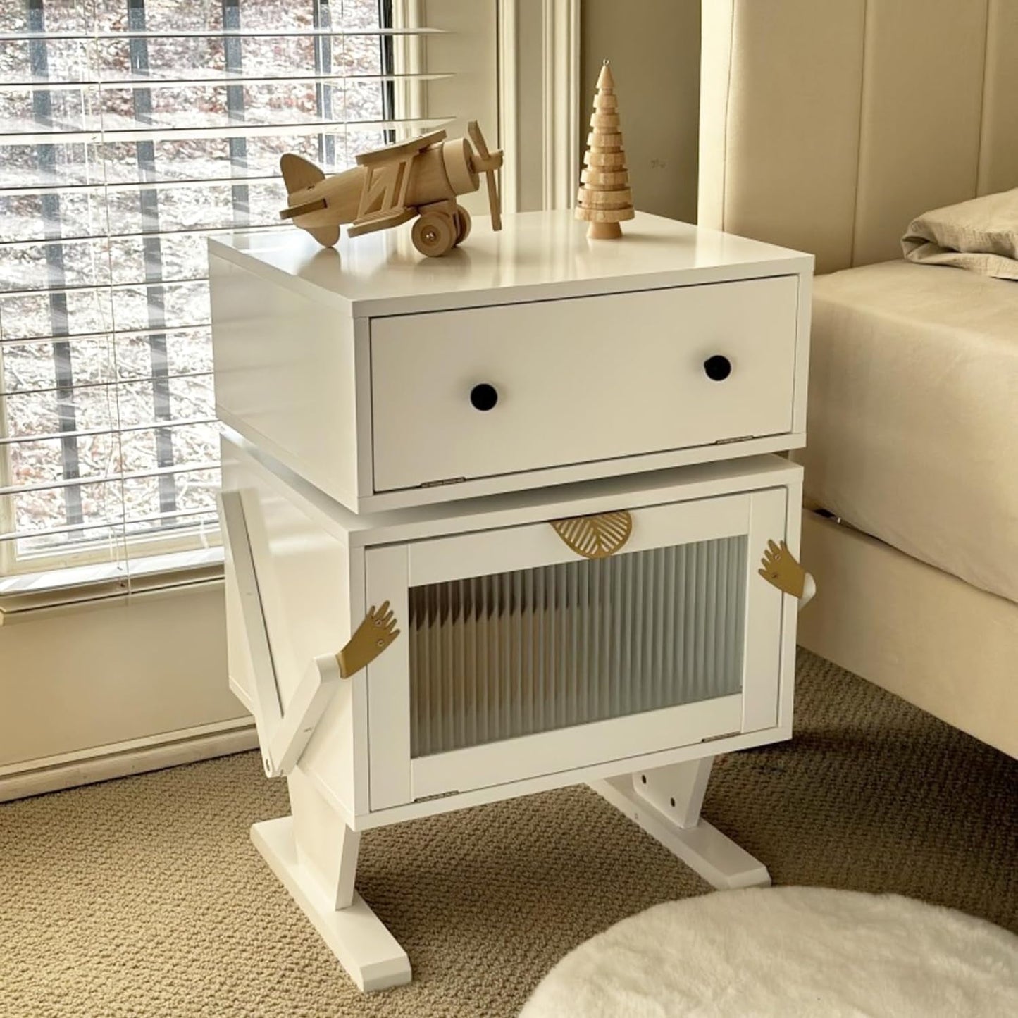 CozyHom Modern White Nightstand for Bedroom with LED Light Strips, End Table with 360° Rotating Drawer, Bedside Table with Glass Door Storage, White
