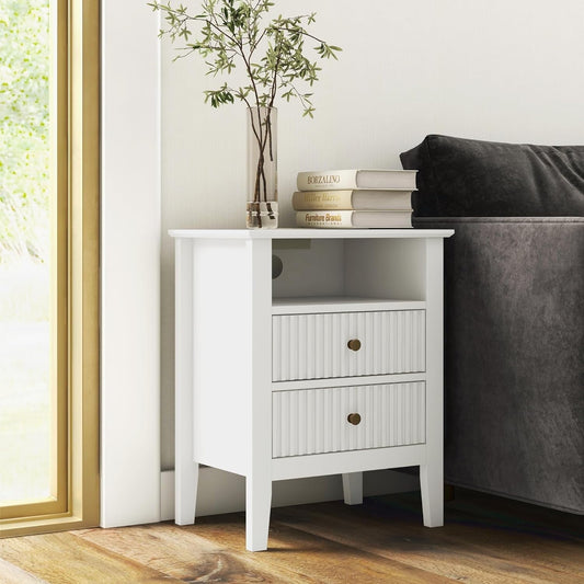 CozyHom Nightstand with Charging Station, Modern Side Table with 2 Drawers & Storage Shelf, 2-Tier End Table w/USB Ports & Outlets, Wood Night Stand Cabinet for Living Room, Bedroom, White