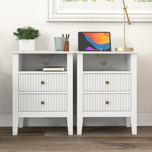 CozyHom Nightstand with Charging Station Set of 2, Modern Side Table 2 Drawers & Storage Shelf, 2-Tier End Table USB Ports & Outlets, Wood Night Stand Cabinet for Living Room, Bedroom, White