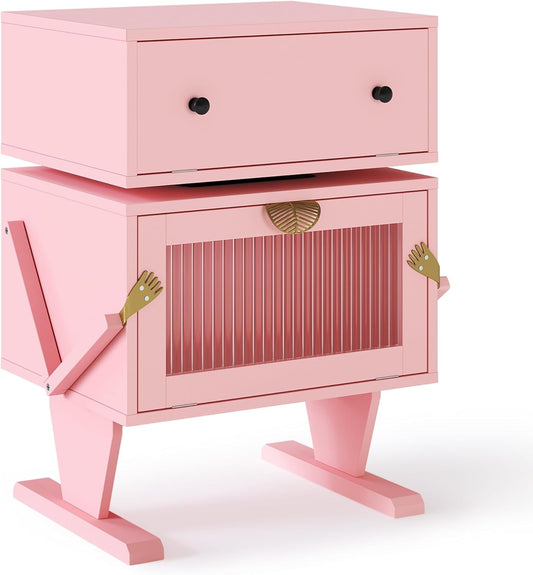 CozyHom Nightstand with LED Light Strips, Modern End Table with 360° Rotating Drawer, Bedside Table with Glass Door Storage, Wood Night Stand Cabinet for Living Room, Bedroom, Nursery, Pink
