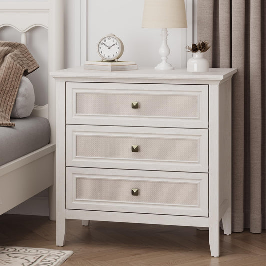 CozyHome 3 Drawer Nightstand, Rattan Dresser Table with Cane Drawers, Tall Boho Bedside Table Cabinet for Bedroom, Living Room, Entryway, Hallway, White