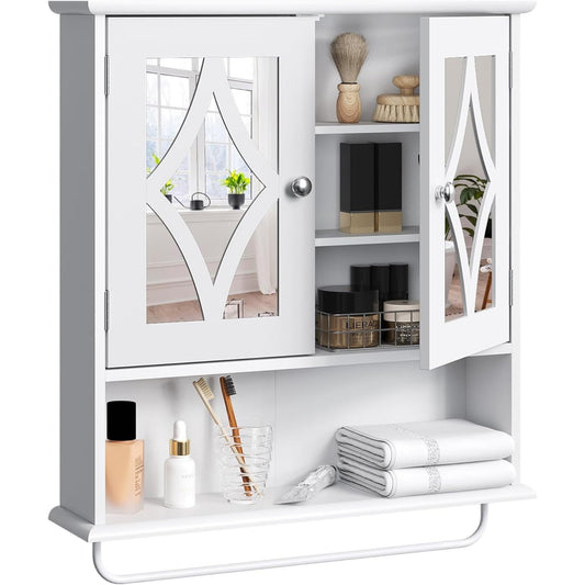 CozyHome Bathroom Medicine Cabinet with Mirror, Vanity Wall Mounted Storage Cabinet with Adjustable Shelves and Towel Bar, Hanging Wall Cabinet for Bathroom, Laundry, Living Room, White
