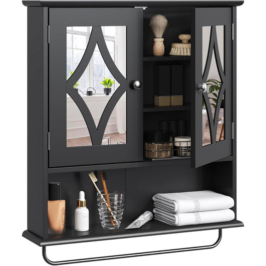 CozyHome Bathroom Medicine Cabinet with Mirror, Vanity Wall Mounted Storage Cabinet with Adjustable Shelves and Towel Bar, Hanging Wall Cabinet for Bathroom, Laundry, Living Room, Black