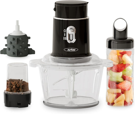 CozyHome Electric Food Chopper, Electric 4 in 1 Food Grinder for Grinding Meat, Peeling Garlic & Juicing, 2 Speed Blender and Food Processor Combo with 1.5L Glass Bowl & 2 Cups (0.4L+0.2L), 250W Black