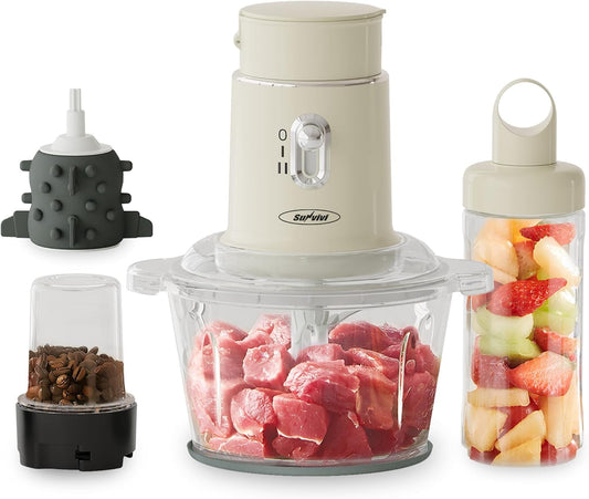 CozyHome Electric Food Chopper, Electric 4 in 1 Food Grinder for Grinding Meat, Peeling Garlic & Juicing, 2 Speed Blender and Food Processor Combo with 1.5L Glass Bowl & 2 Cups (0.4L+0.2L), 250W Beige