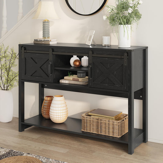 CozyHome Farmhouse Entryway Table with Storage, 46" Console Table with Sliding Barn Door, Wood Rustic Sofa Table with Adjustable Shelf for Hallway, Living Room, Foyer, Black