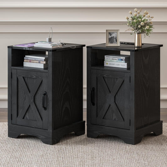 CozyHome Farmhouse Nightstand Set of 2 with Charging Station, Wooden End Table, Rustic Night Stand with Storage Cabinet and Shelf, Tall Bedside Table for Bedroom, Living Room, Black