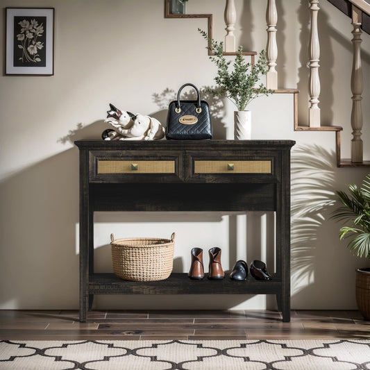 CozyHome Rattan Console Table, Boho Entryway Table with 2 Drawers and Storage Shelf, Long Wood Sofa Table for Living Room, Entryway, Front Hall, Hallway, Coffee