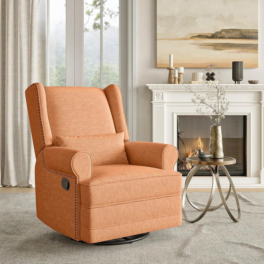 CozyHome Swivel Recliner Chair, Comfy Glider Rocking Chairs with Lumbar Pillow and Footrest, Upholstered Swivel Rocking Chair for Bedroom,Nursery, Orange