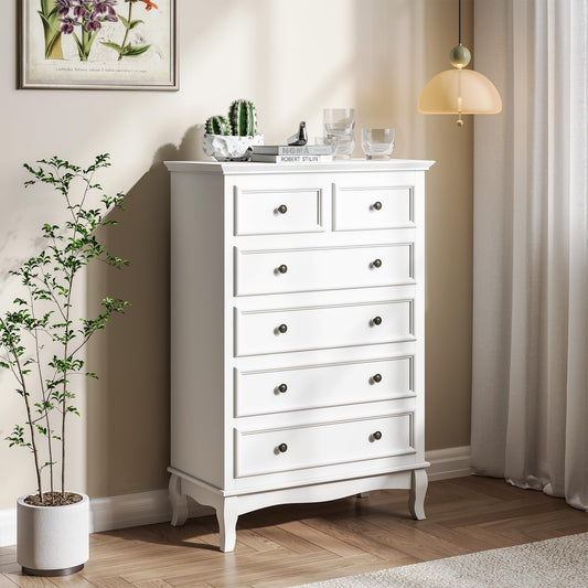 CozyHome White 6 Drawer Dresser, Rustic Tall Chest of Drawers, Modern Wood Dresser, Wooden Storage Closet Cabinet, Clothing Storage Organizer for Living Room, Bedroom, Hallway, Entryway