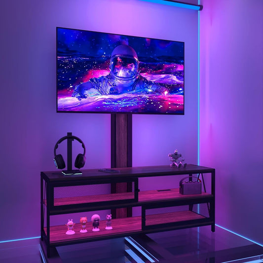 Cozyhom TV Stand with Mount and LED Light, Swivel Entertainment Center for TVs up to 70 Inches, 3-Tier Gaming Media Console Table with Power Outlet for Living Room, Bedroom, Office, Rustic Brown