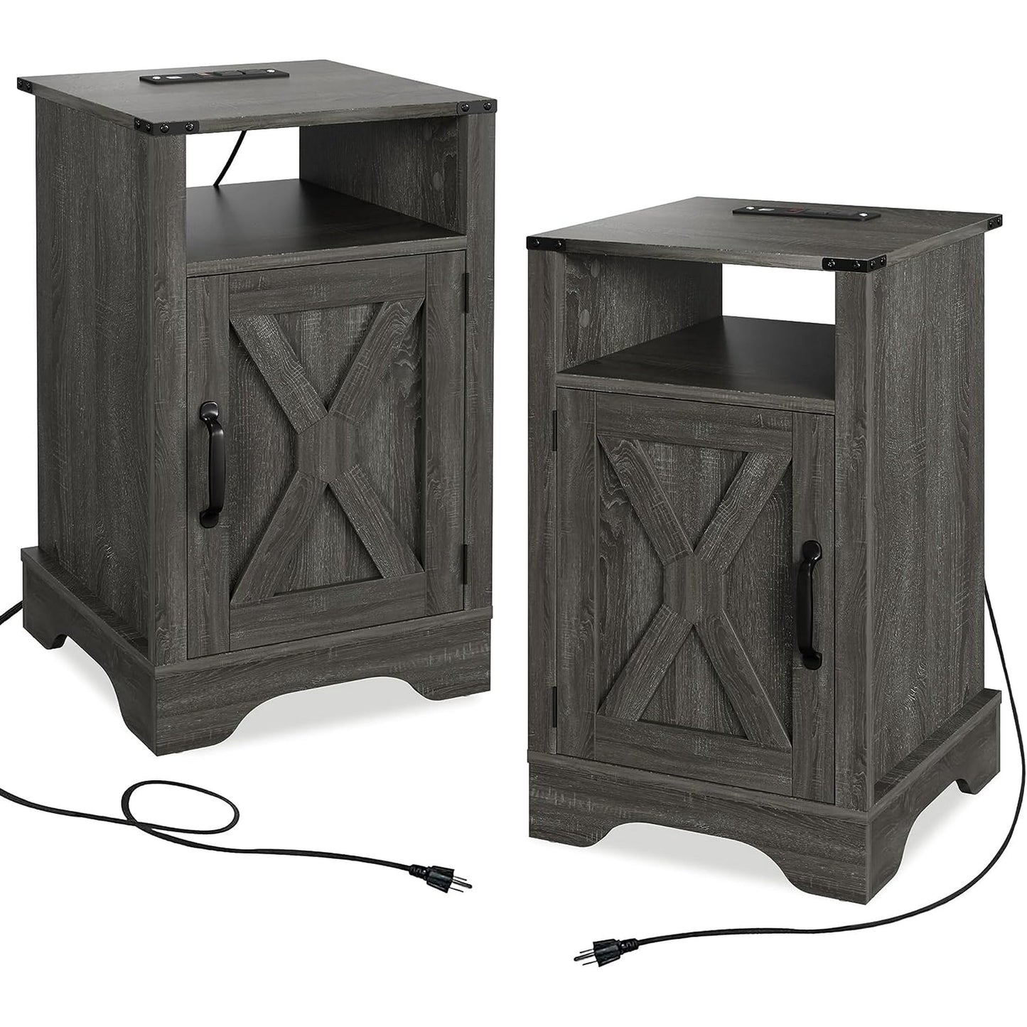 RoyalCraft White Nightstand with Charging Station, Farmhouse Bedside Table with X-Shaped Design,Wooden Rustic End Table with Large Storage Room and Shelf for Bedroom, Living Room