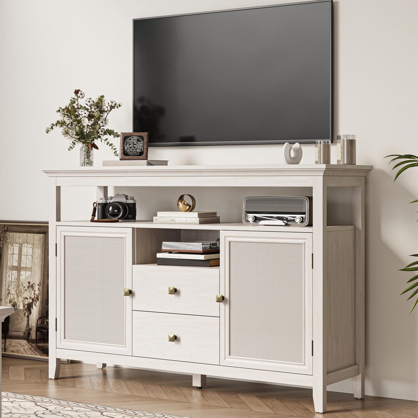 CozyHome Rattan Storage Cabinet, Boho Sideboard Cabinet with Doors & Drawers, Buffet Cabinet with Adjustable Shelves for Kitchen, Dining Room, Living Room, Grayish White