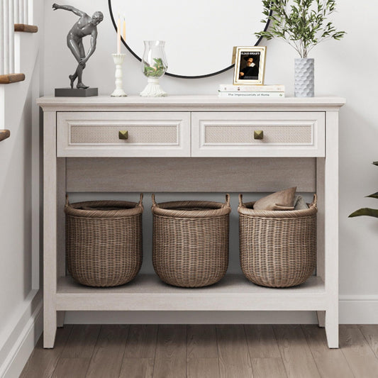 CozyHome Rattan Entryway Table, Boho Console Table with Widened Tabletop & 2 Spacious Drawers, Farmhouse Sofa Table with Storage Shelf, Foyer Table for Living Room, Hallway, Entryway, Grayish White