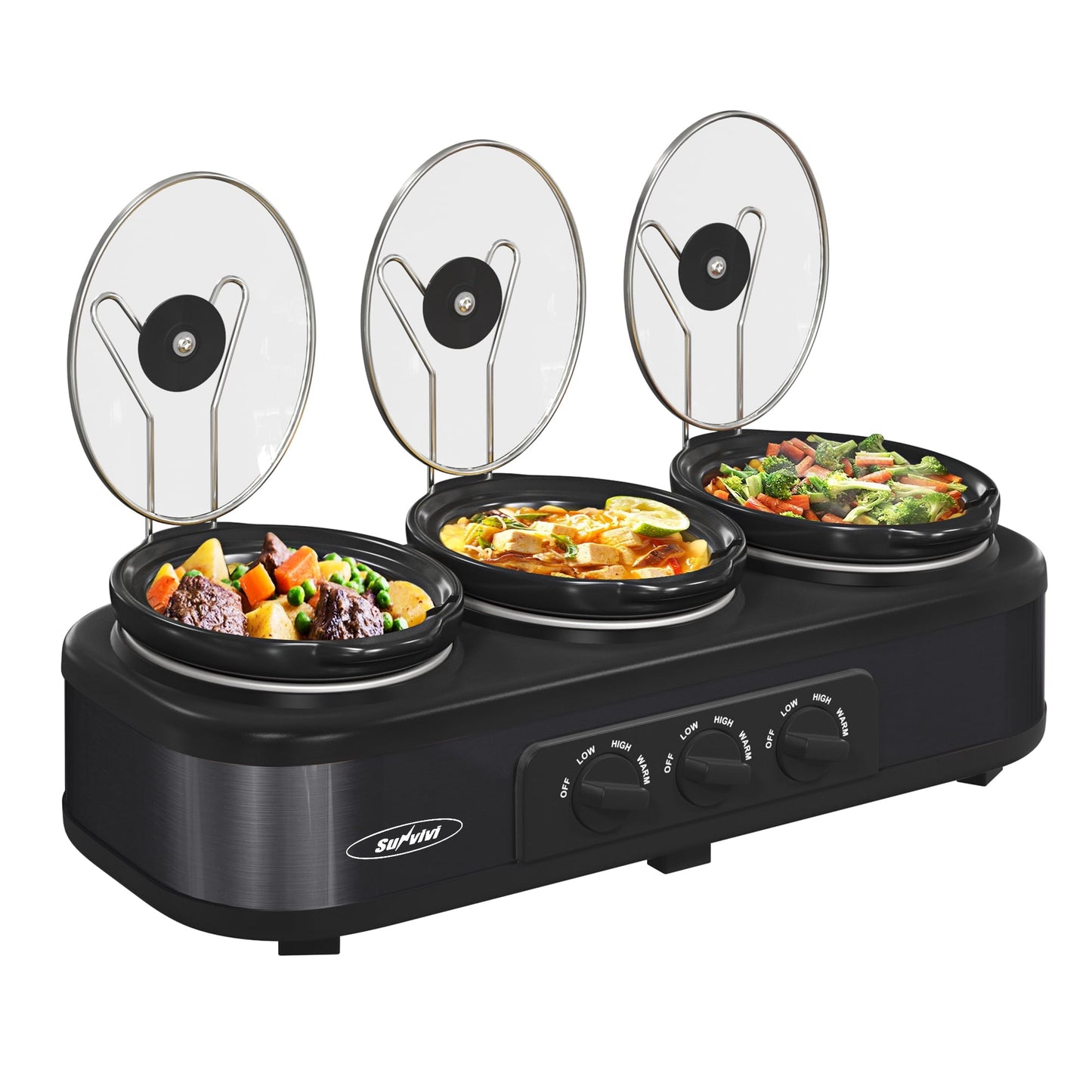 Triple Slow Cooker with 3 Spoons, 3 Pot 1.5 Quart Oval Crock Food Warmer Buffet Server, Stainless Steel