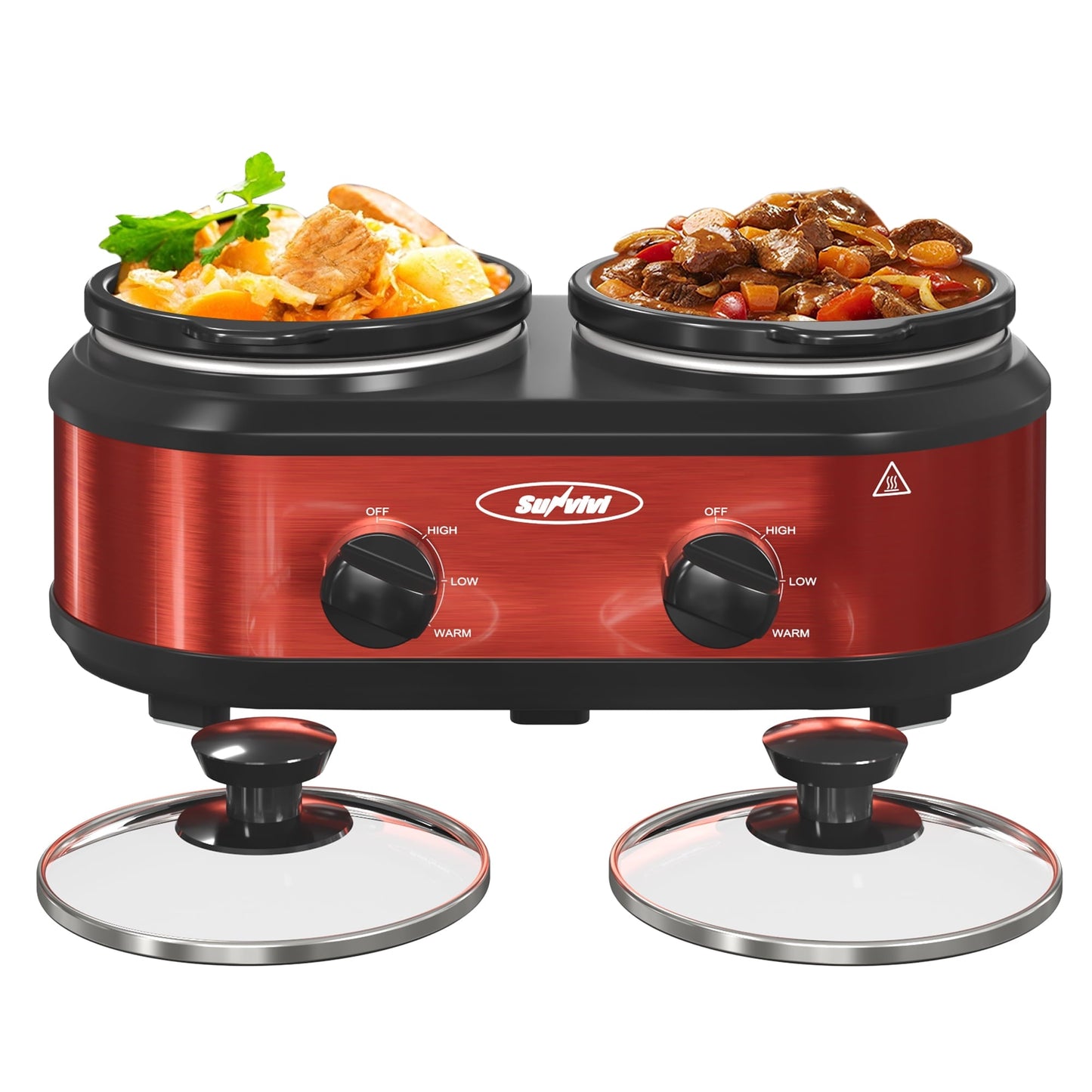SUNVIVI Dual Pot Slow Cooker, 2 Pot Small Mini Crock Buffet Server and Warmer with Ceramic Pot, Adjustable Temp