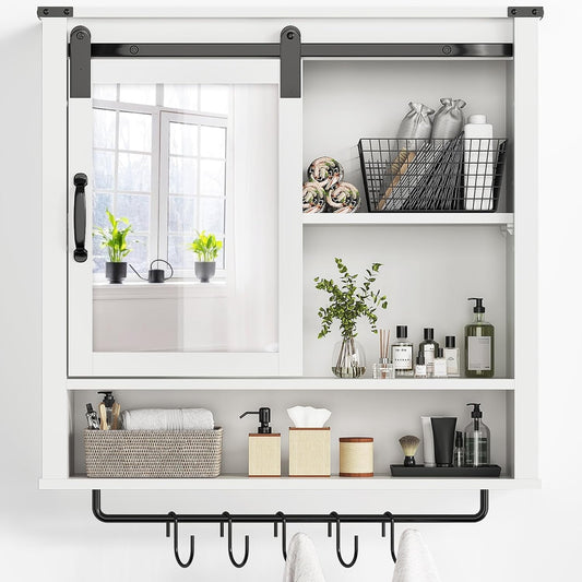 Superjoe 28in Bathroom Cabinet Wall Mount with Sliding Mirror Door, Over The Toilet Storage Cabinet, Farmhouse Medicine Cabinet with Shelves and Towel Bar for Living Room, 28" W x 29" H, White