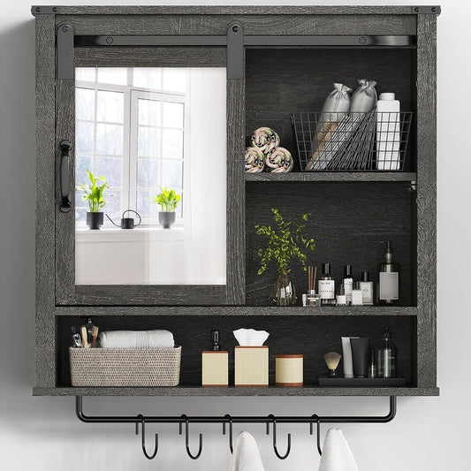 Superjoe 28in Bathroom Cabinet Wall Mount with Sliding Mirror Door, Over The Toilet Storage Cabinet, Farmhouse Medicine Cabinet with Shelves and Towel Bar for Living Room, 28" W x 29" H, Grey