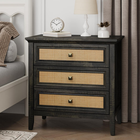 Superjoe 3 Drawer Nightstand, Rattan Dresser Table with Cane Drawers, Tall Boho Bedside Table Cabinet for Bedroom, Living Room, Entryway, Hallway, Coffee