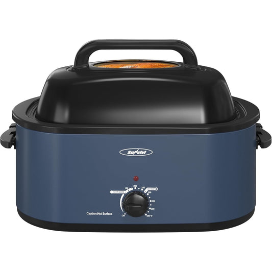 Superjoe 30lb 26-Quart Roaster Oven, Electric Roaster Oven with Viewing Lid, Turkey Roaster with Unique Defrost/Warm Function, Large Roaster with Removable Pan & Rack, Stainless Steel, Blue