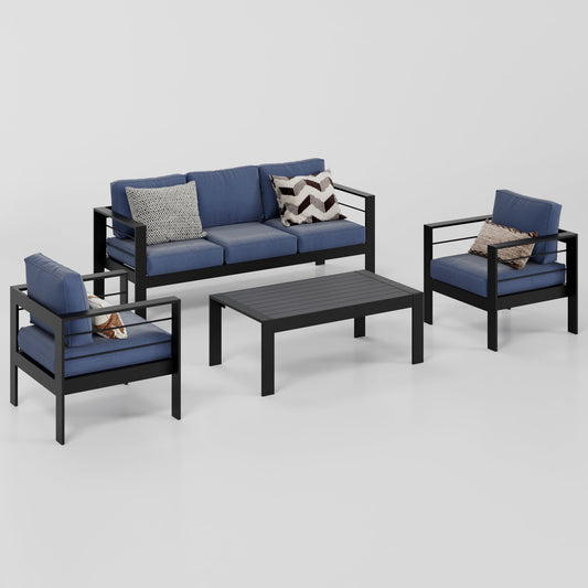 Superjoe 4 Pcs Aluminum Outdoor Furniture Set 5 Seats Patio Conversation Sofa Set Sectional Counch with Coffee Table Black Frame Blue Cushion