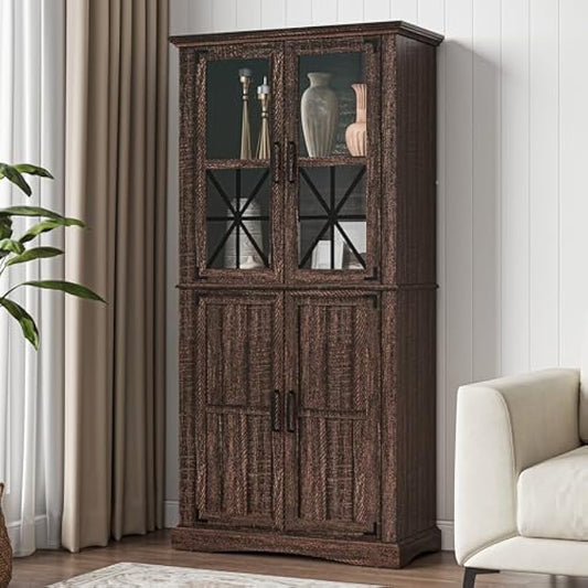 Superjoe 69'' Tall Farmhouse Storage Cabinet, Retro Display Cabinet with RGB Lights, Freestanding Kitchen Pantry Cabinet, Living Room, Home Office, Brown
