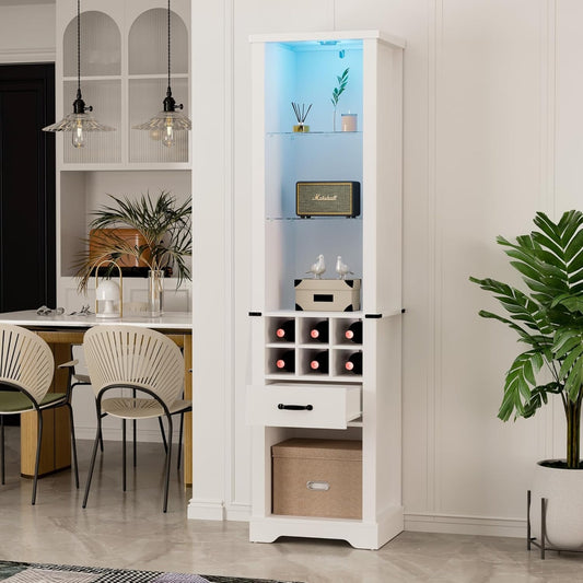 Superjoe 75'' Tall Storage Cabinet with LED Light, Farmhouse Pantry Cabinet with Tempered Glass Adjustable Shelves & Wine Storage Rack, Freestanding Linen Tower for Bathroom, Living Room,White