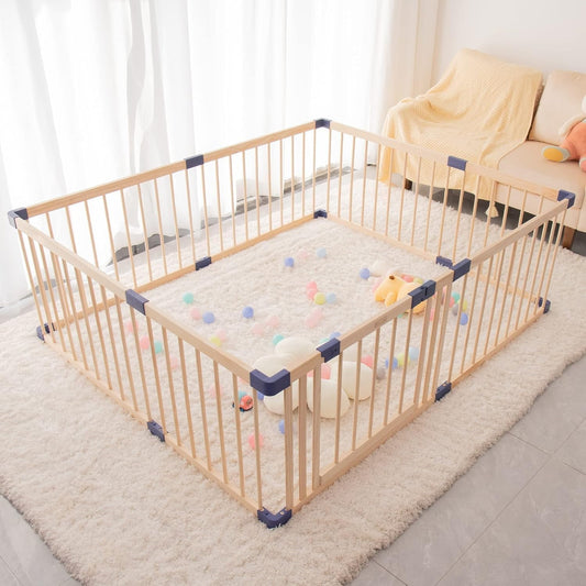 Superjoe Baby Playpen Kids Fence with Safety Gate, Activity Play Center, Safety and Anti-Drop Function, Safety Play Yard Indoor Outdoor Pure Wooden Baby Playpen (63"*47"*24")
