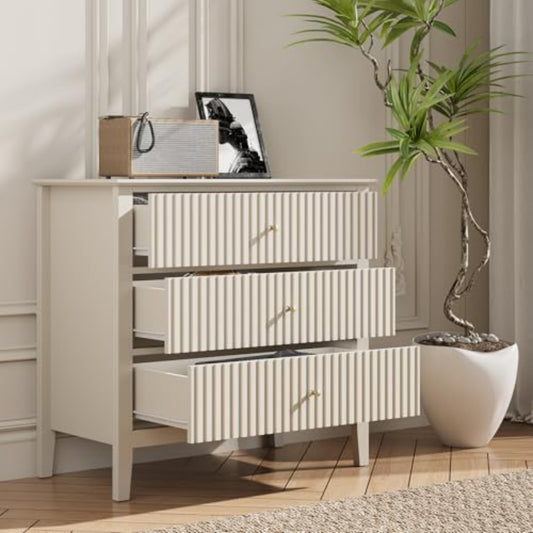 Superjoe Beige 3 Drawer Dresser, Painted 30 Inch Tall Wood Nightstand with Storage, Wide Modern Chest of Drawers with Ball Bearing Slide for Bedroom Hallway Living Room Entryway Office