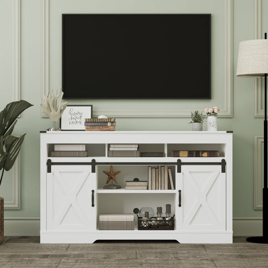 Superjoe Farmhouse Sliding Barn Door TV Stand for TVs up to 70", Modern Wood Tall Entertainment Center Media Console Storage Cabinet for Living Room Bedroom, White