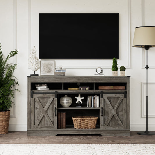 Superjoe Farmhouse TV Stand for TVs up to 70", Modern Entertainment Center w/Sliding Barn Doors, Media Console Storage Cabinet for Living Room Bedroom, Light Grey